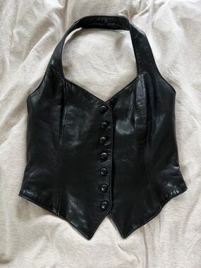 Vintage Black Leather Button-Front Halter Vest Top